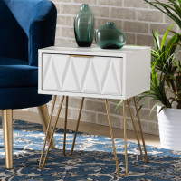 Baxton Studio BRA-003-White/Gold-ET Holbrook Contemporary Glam and Luxe White Finished Wood and Gold Metal 1-Drawer End Tablen